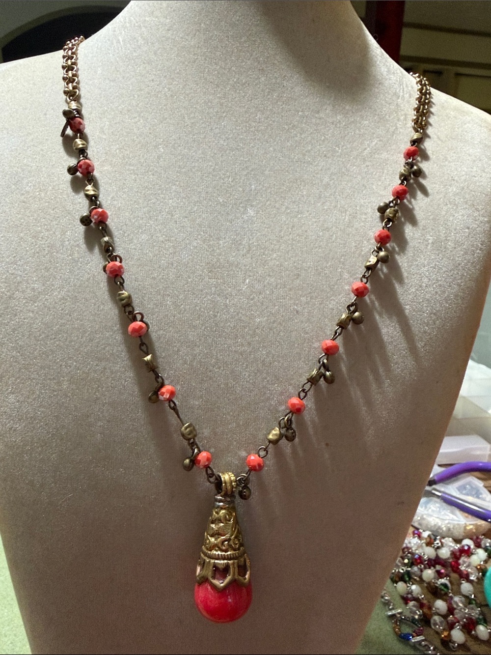 Handcrafted Coral Bead Drop Necklace - Unbranded